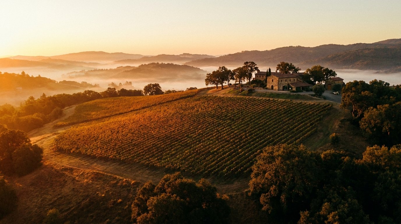 Maison Vela vineyard at golden hour